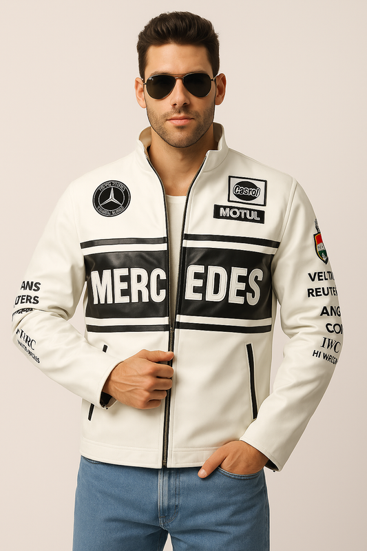 Mercedes F1 Leather Racing Jacket – Unisex Fit | Vintage Motorsport Style