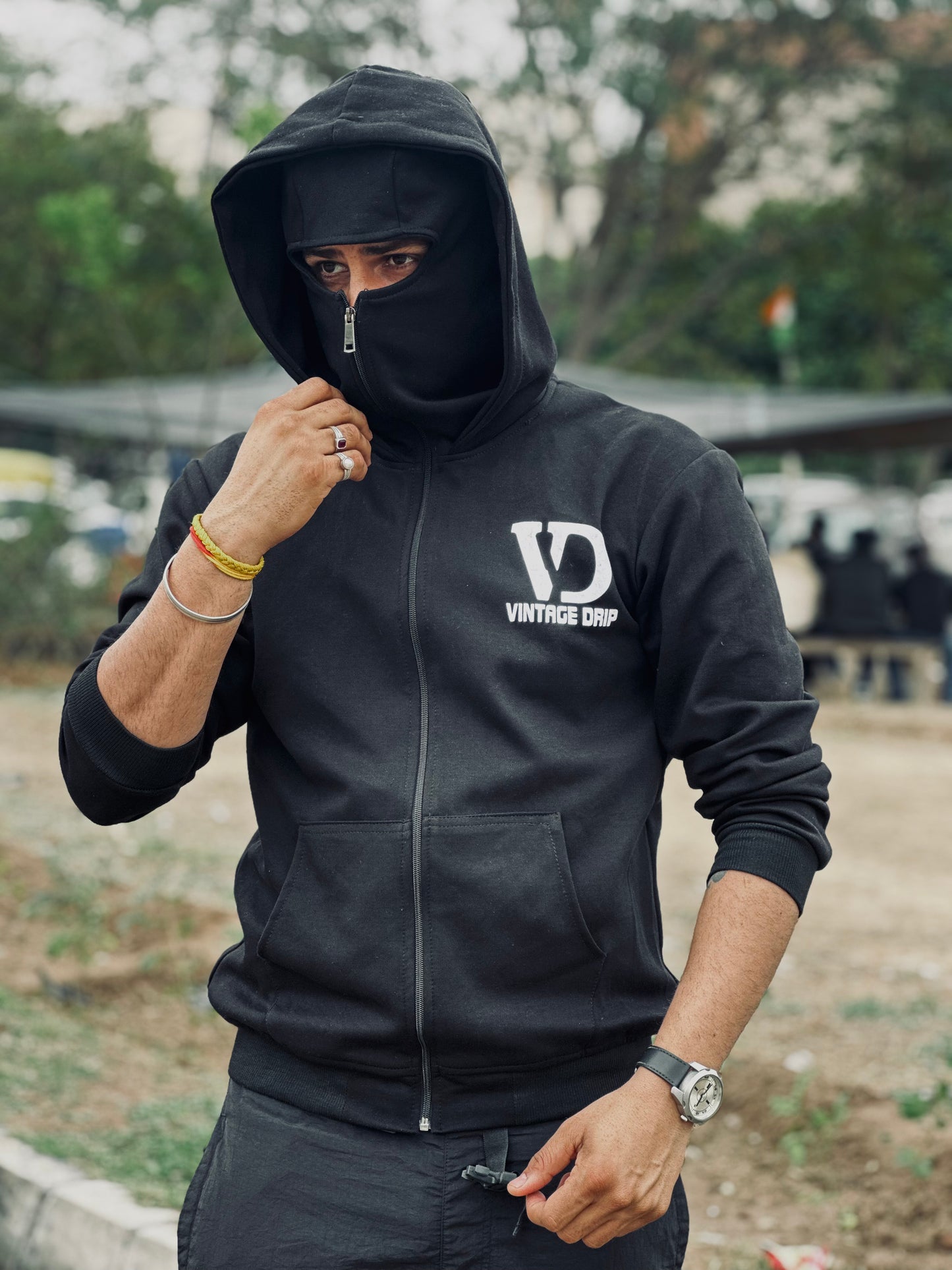 Balaclava Hoodie with Vintage Drip Design | Unisex