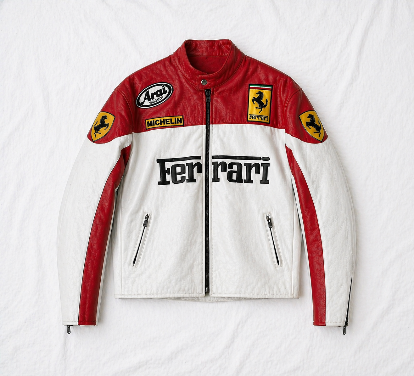 Red & White Ferrari Leather Racing Jacket – Trendy Unisex Streetwear