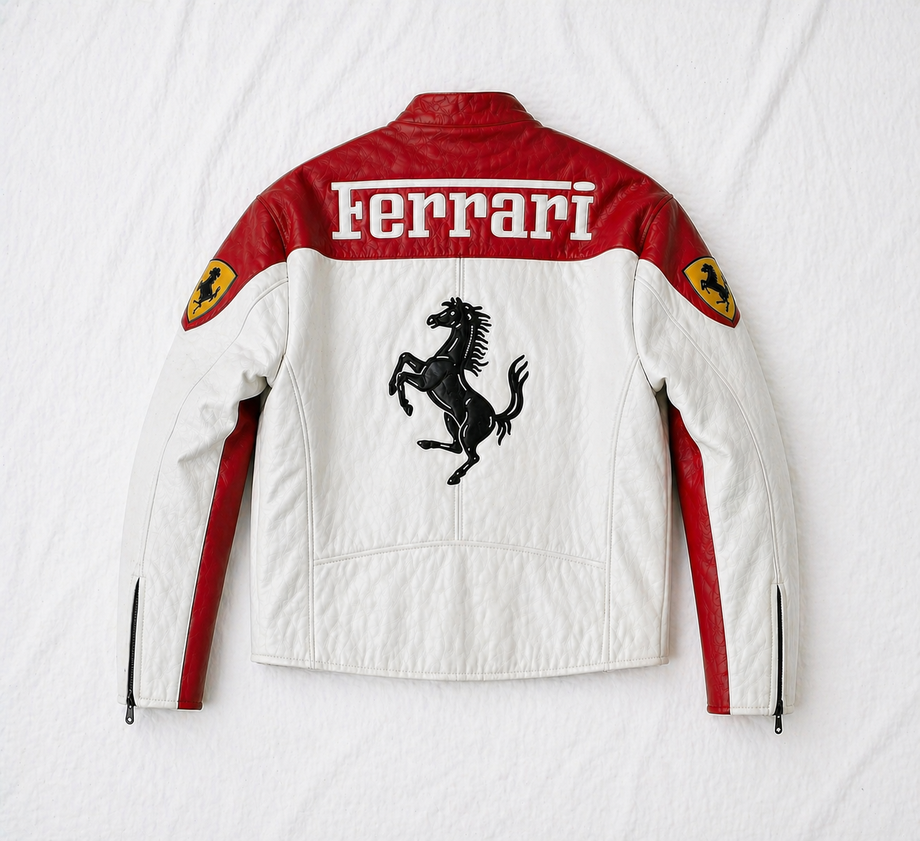 Red & White Ferrari Leather Racing Jacket – Trendy Unisex Streetwear