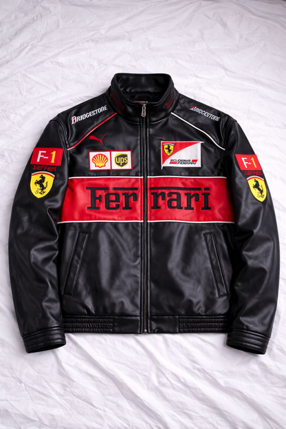 Black Ferrari Leather Jacket – Unisex Streetwear India | Vintage Drip
