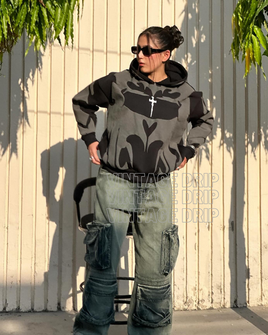 Tribal Shadow Delta Hoodie - Vintage Drip Style Puff Print