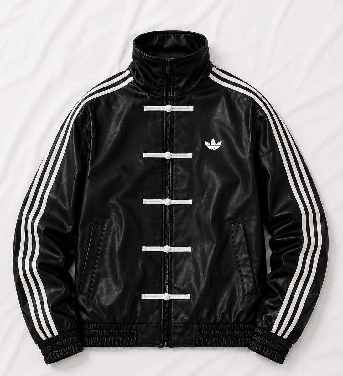 Black Adidas jacket with white stripes on a light gray background