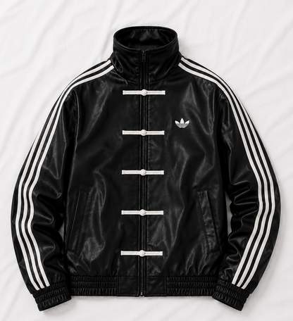 Black Adidas jacket with white stripes on a light gray background