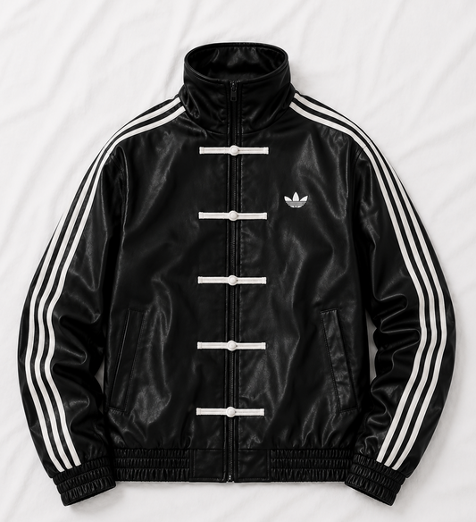 Black Adidas jacket with white stripes on a light gray background