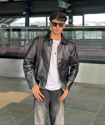 Black Boxy Cropped Faux Leather Jacket – Unisex Streetwear | Vintage Drip