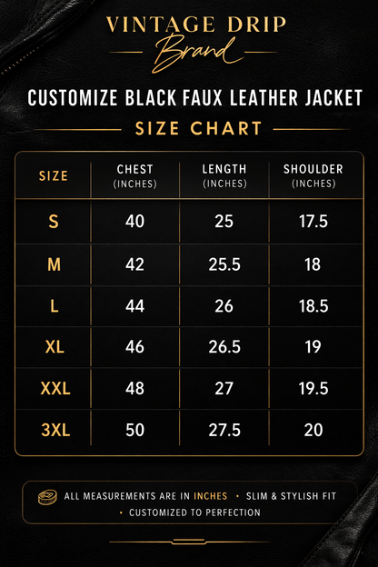 Vintage Drip brand black faux leather jacket size chart with measurements.